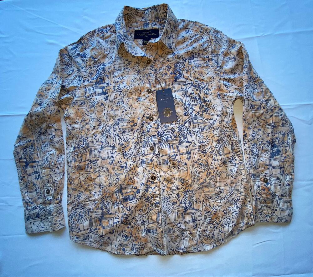 Pete Huntington Bali NWT Novelty Batik Shirt — Trader Joe’s Print Blue Women’s L